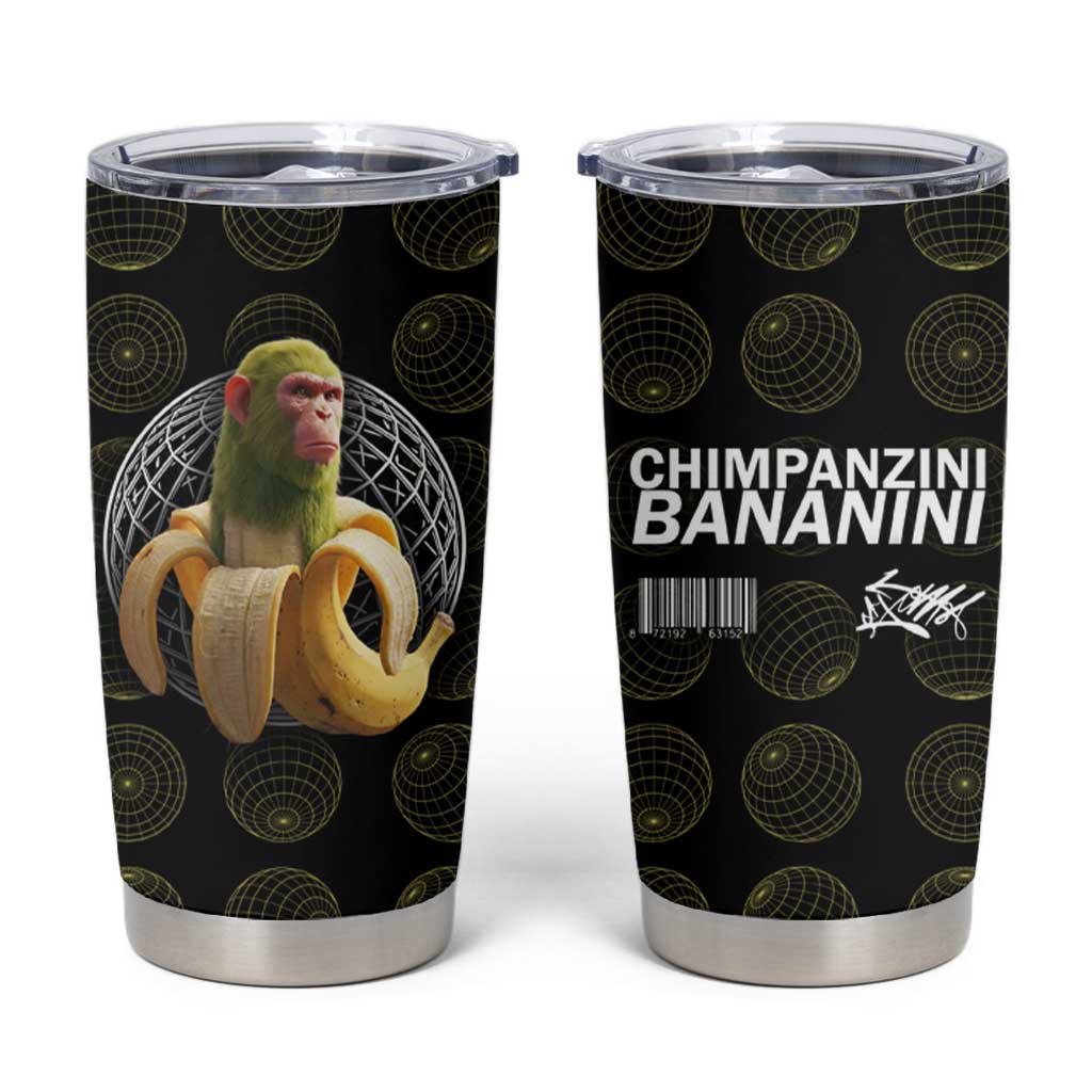 Chimpanzi Bananini Primate Tumbler Cup with 3D Wireframe Globe Pattern
