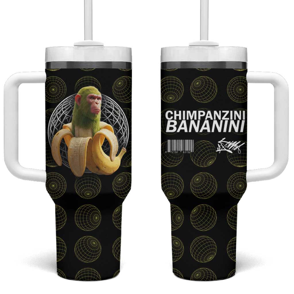 Chimpanzi Bananini Primate Tumbler With Handle with 3D Wireframe Globe Pattern