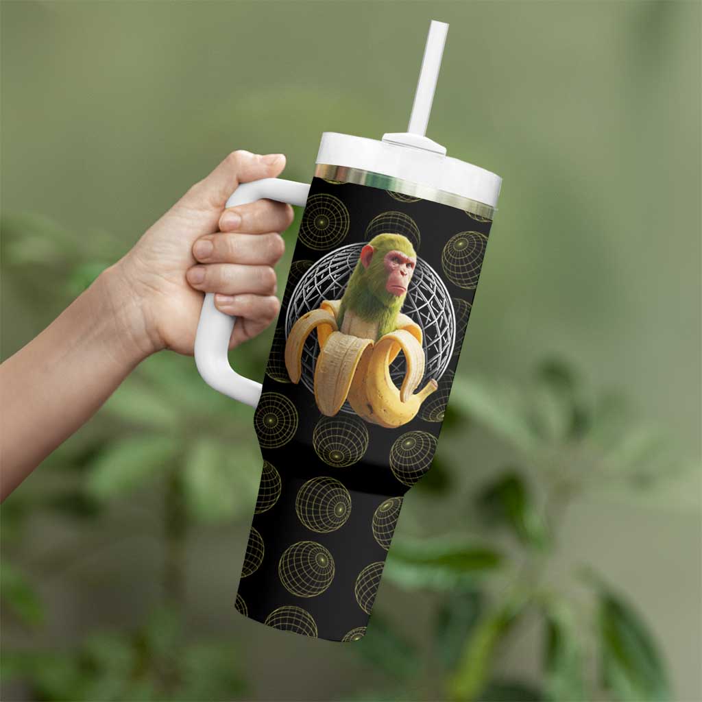 Chimpanzi Bananini Primate Tumbler With Handle with 3D Wireframe Globe Pattern