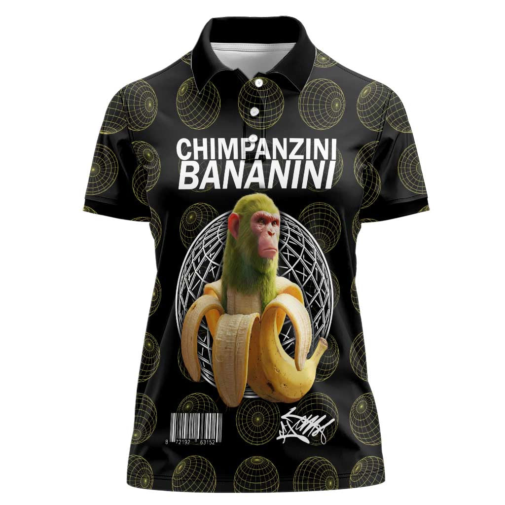 Chimpanzi Bananini Primate Women Polo Shirt with 3D Wireframe Globe Pattern