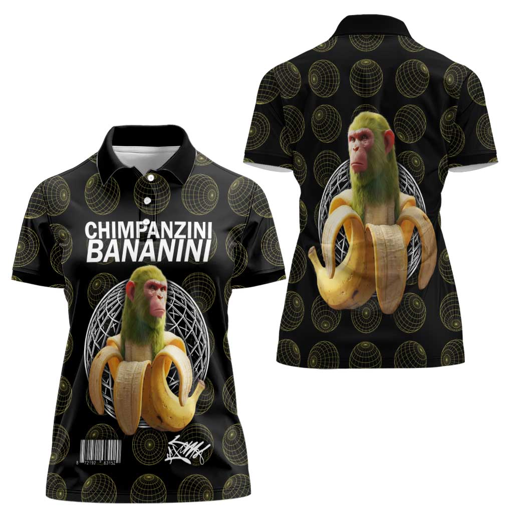 Chimpanzi Bananini Primate Women Polo Shirt with 3D Wireframe Globe Pattern