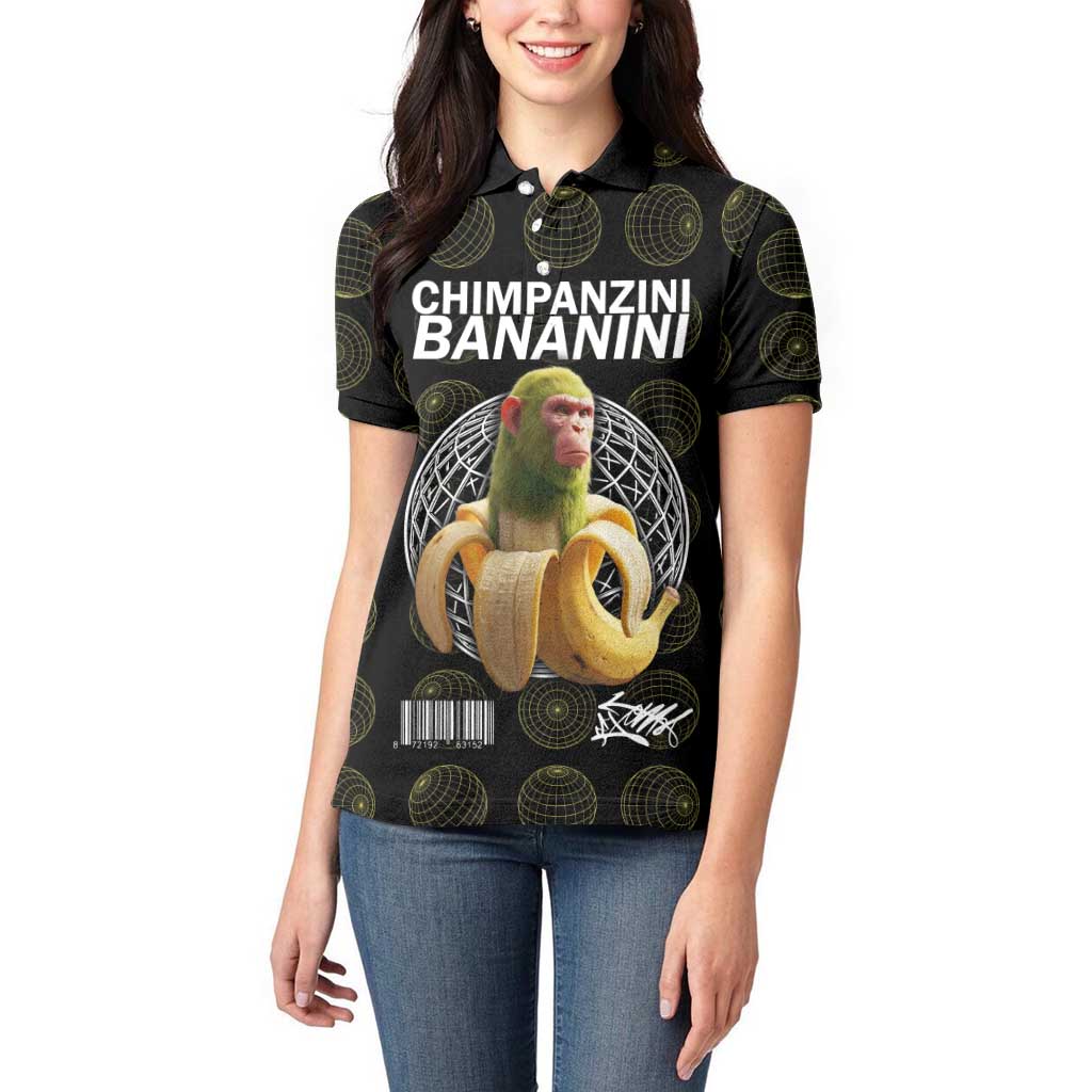 Chimpanzi Bananini Primate Women Polo Shirt with 3D Wireframe Globe Pattern