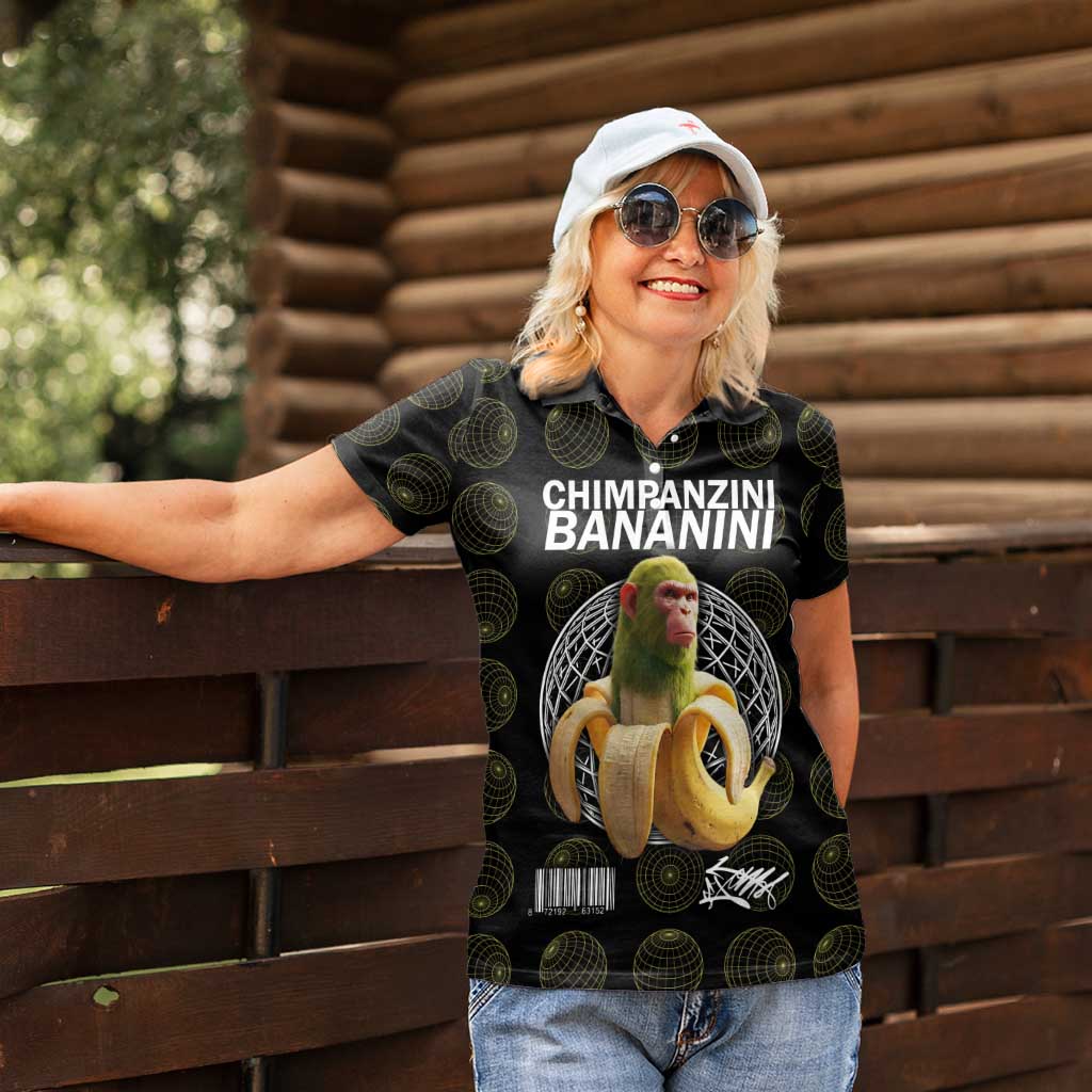 Chimpanzi Bananini Primate Women Polo Shirt with 3D Wireframe Globe Pattern