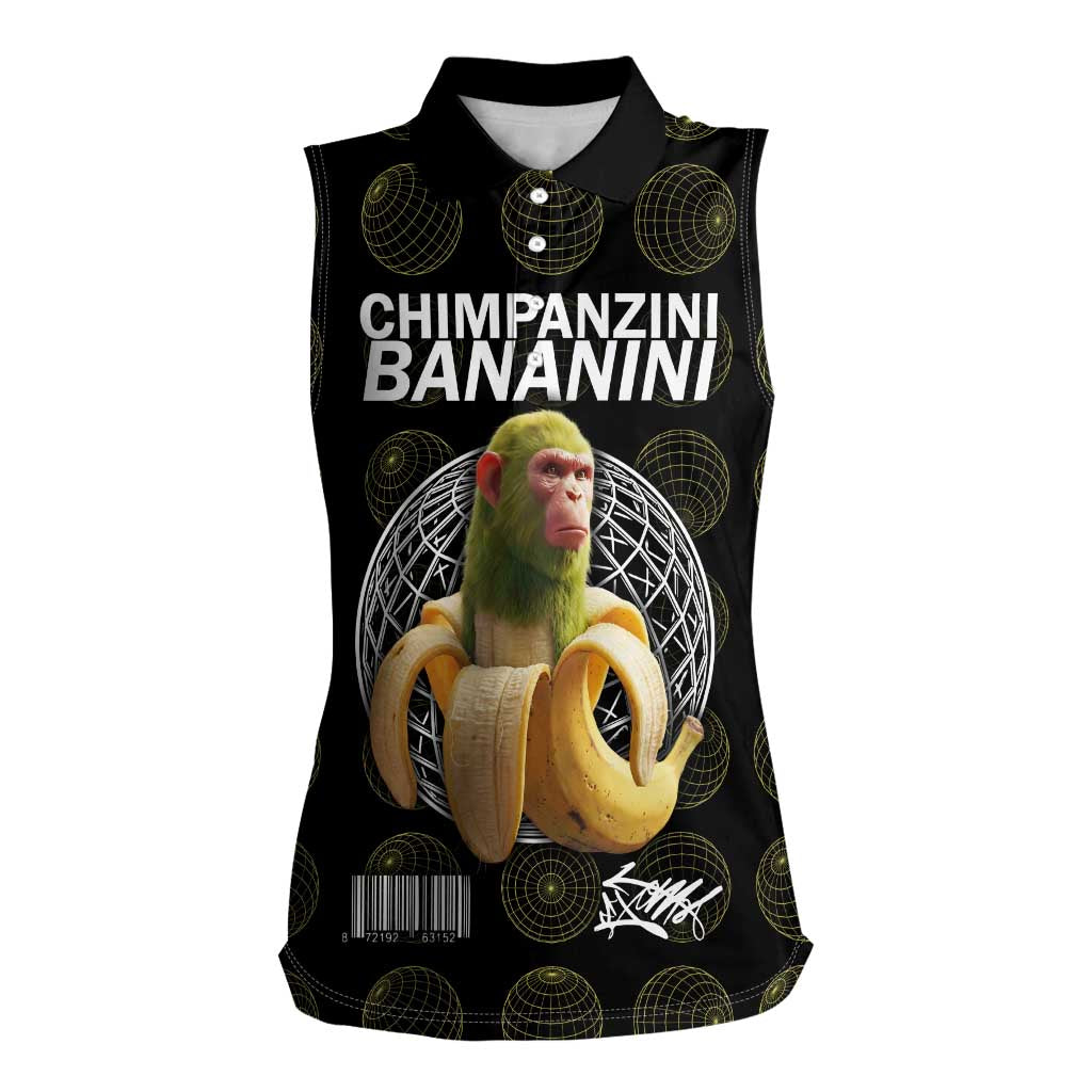 Chimpanzi Bananini Primate Women Sleeveless Polo Shirt with 3D Wireframe Globe Pattern