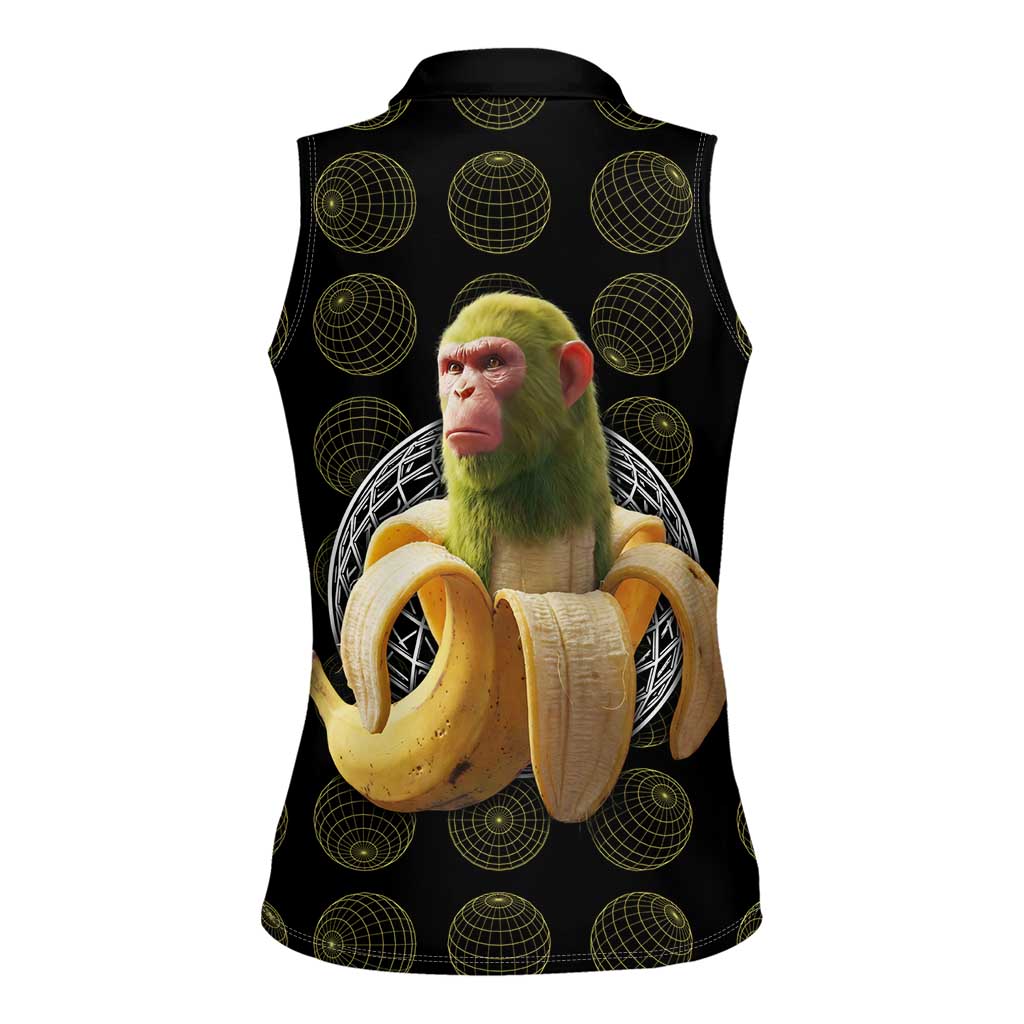 Chimpanzi Bananini Primate Women Sleeveless Polo Shirt with 3D Wireframe Globe Pattern