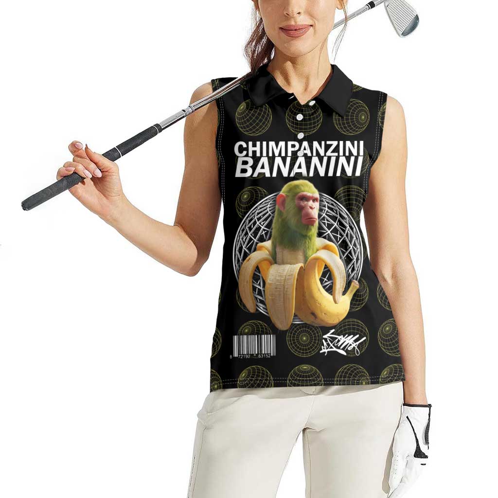 Chimpanzi Bananini Primate Women Sleeveless Polo Shirt with 3D Wireframe Globe Pattern