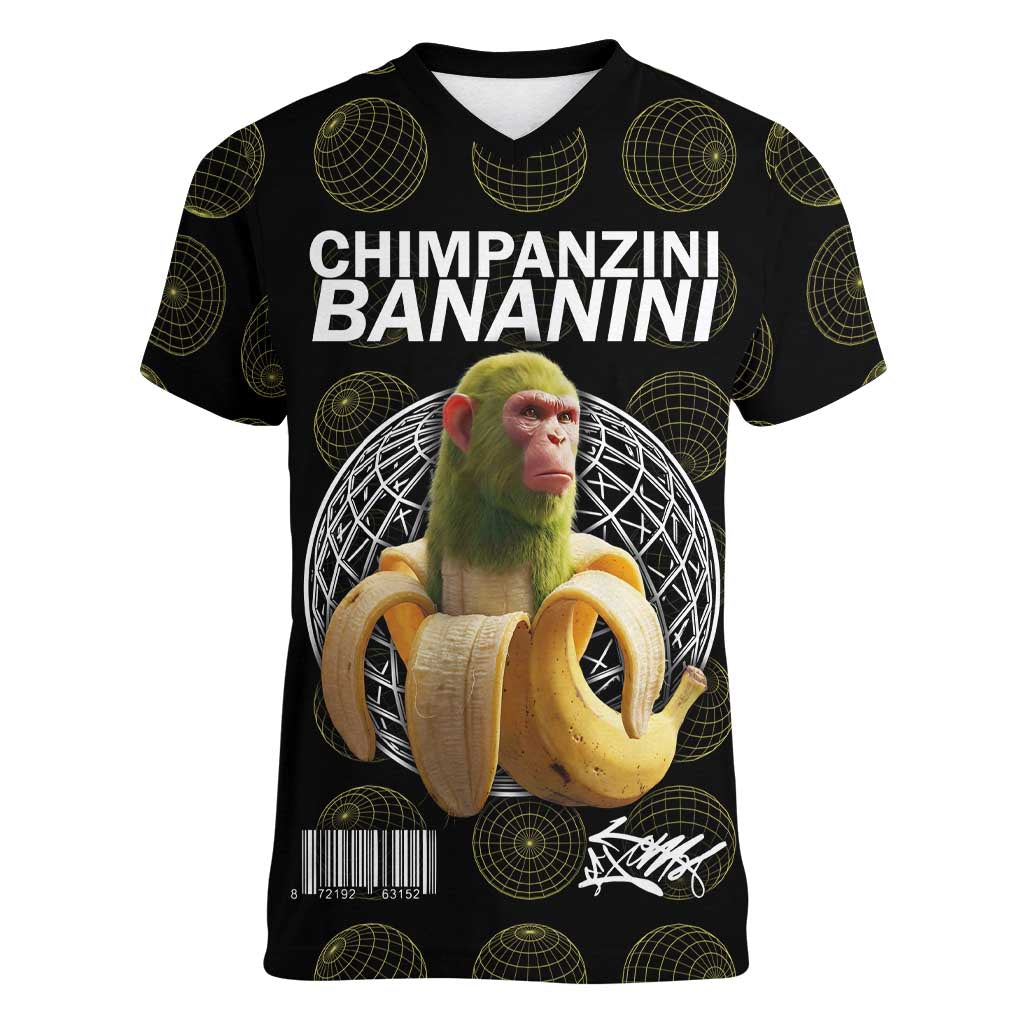 Chimpanzi Bananini Primate Women V-Neck T-Shirt with 3D Wireframe Globe Pattern