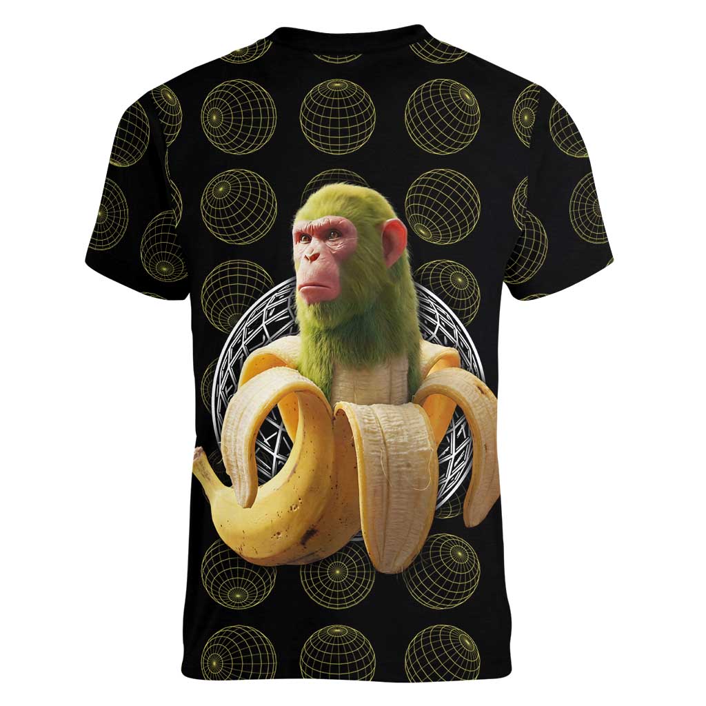 Chimpanzi Bananini Primate Women V-Neck T-Shirt with 3D Wireframe Globe Pattern