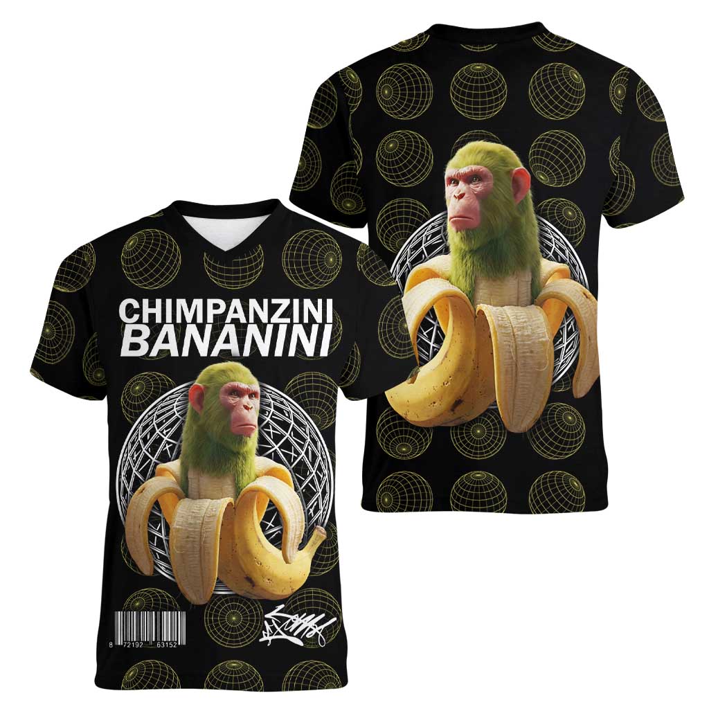 Chimpanzi Bananini Primate Women V-Neck T-Shirt with 3D Wireframe Globe Pattern