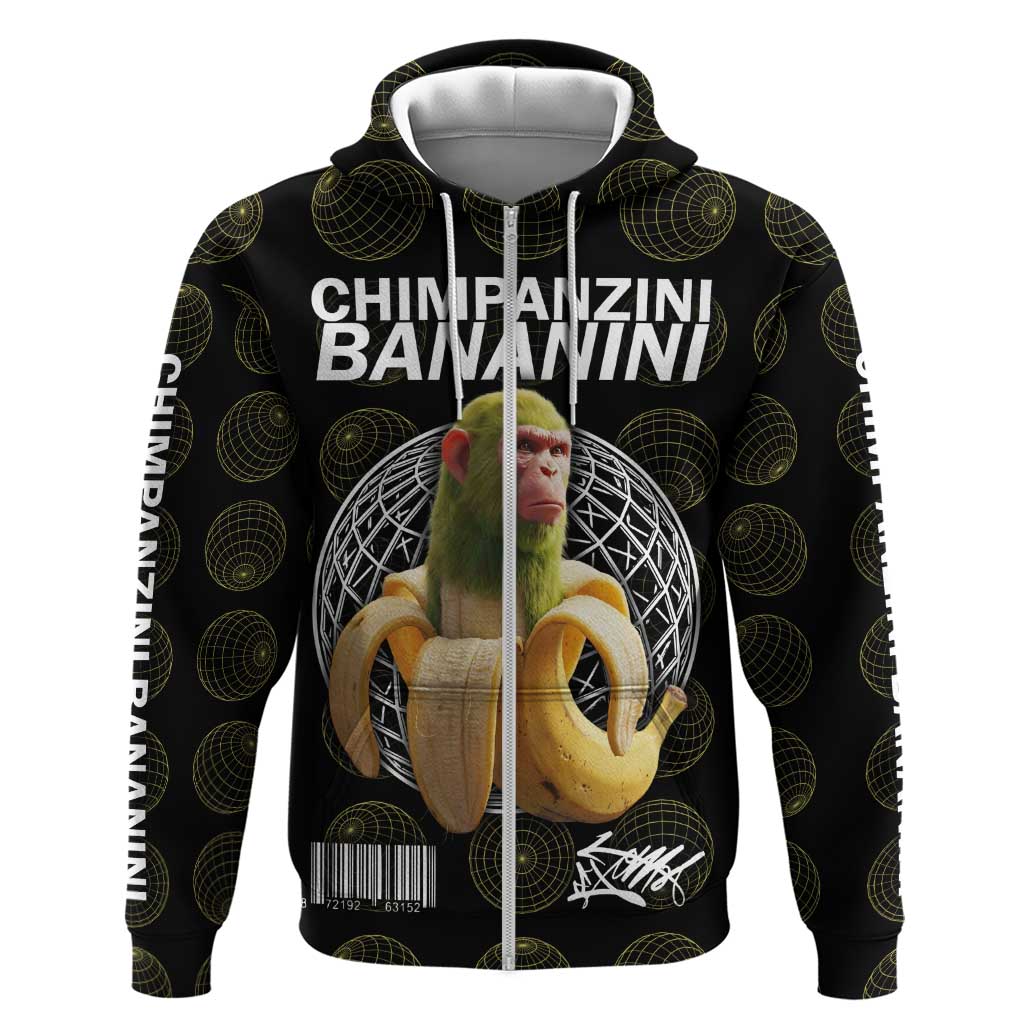Chimpanzi Bananini Primate Zip Hoodie with 3D Wireframe Globe Pattern