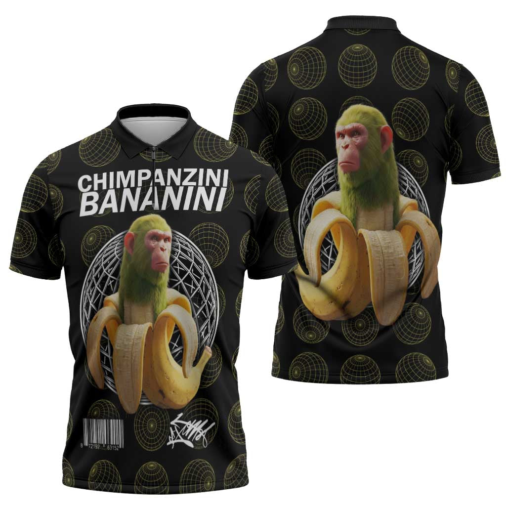 Chimpanzi Bananini Primate Zipper Polo Shirt with 3D Wireframe Globe Pattern