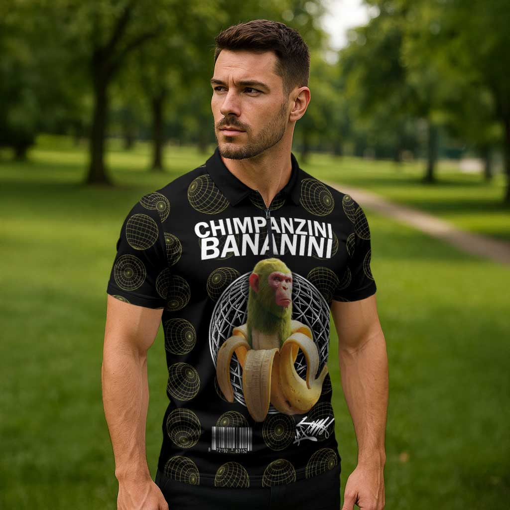 Chimpanzi Bananini Primate Zipper Polo Shirt with 3D Wireframe Globe Pattern
