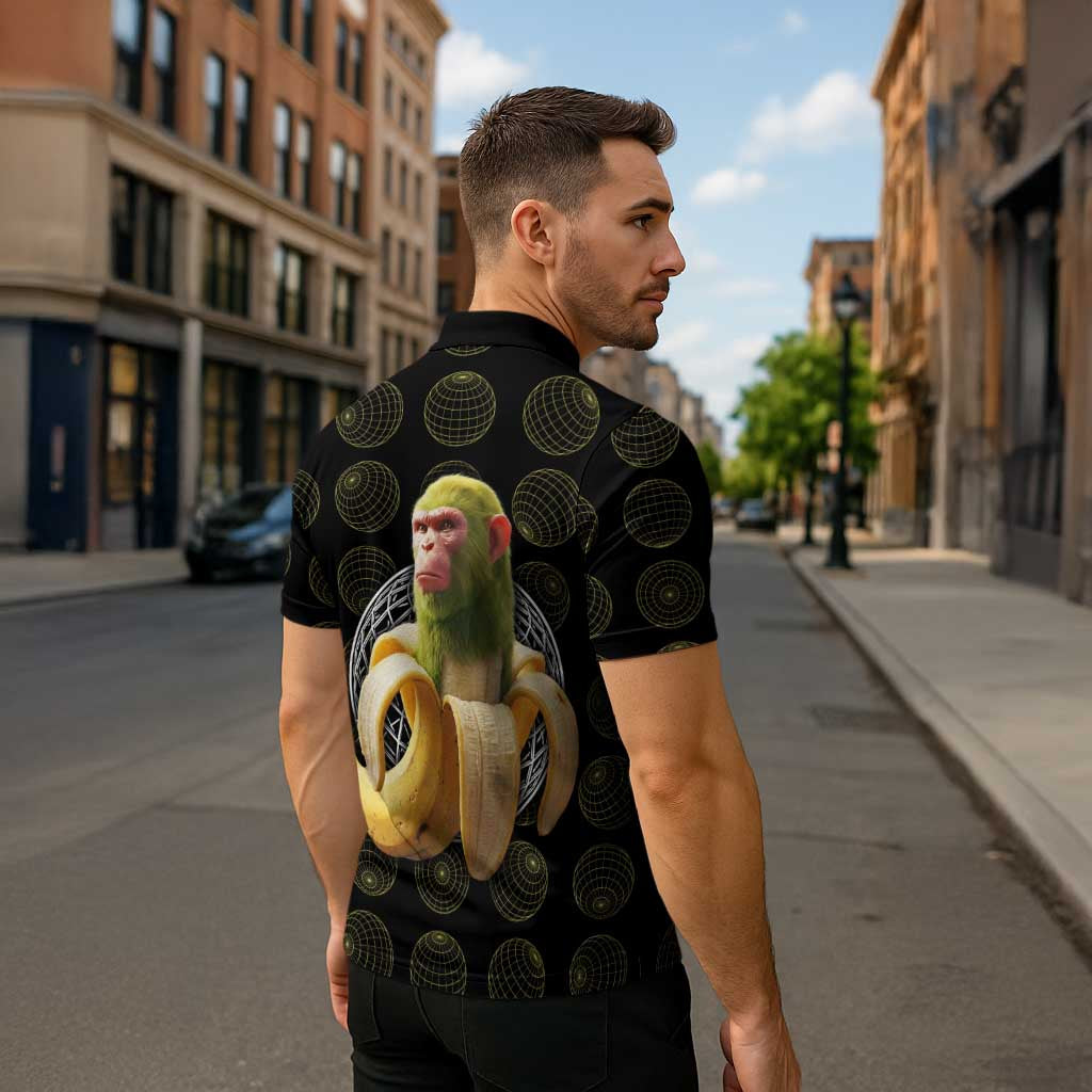 Chimpanzi Bananini Primate Zipper Polo Shirt with 3D Wireframe Globe Pattern