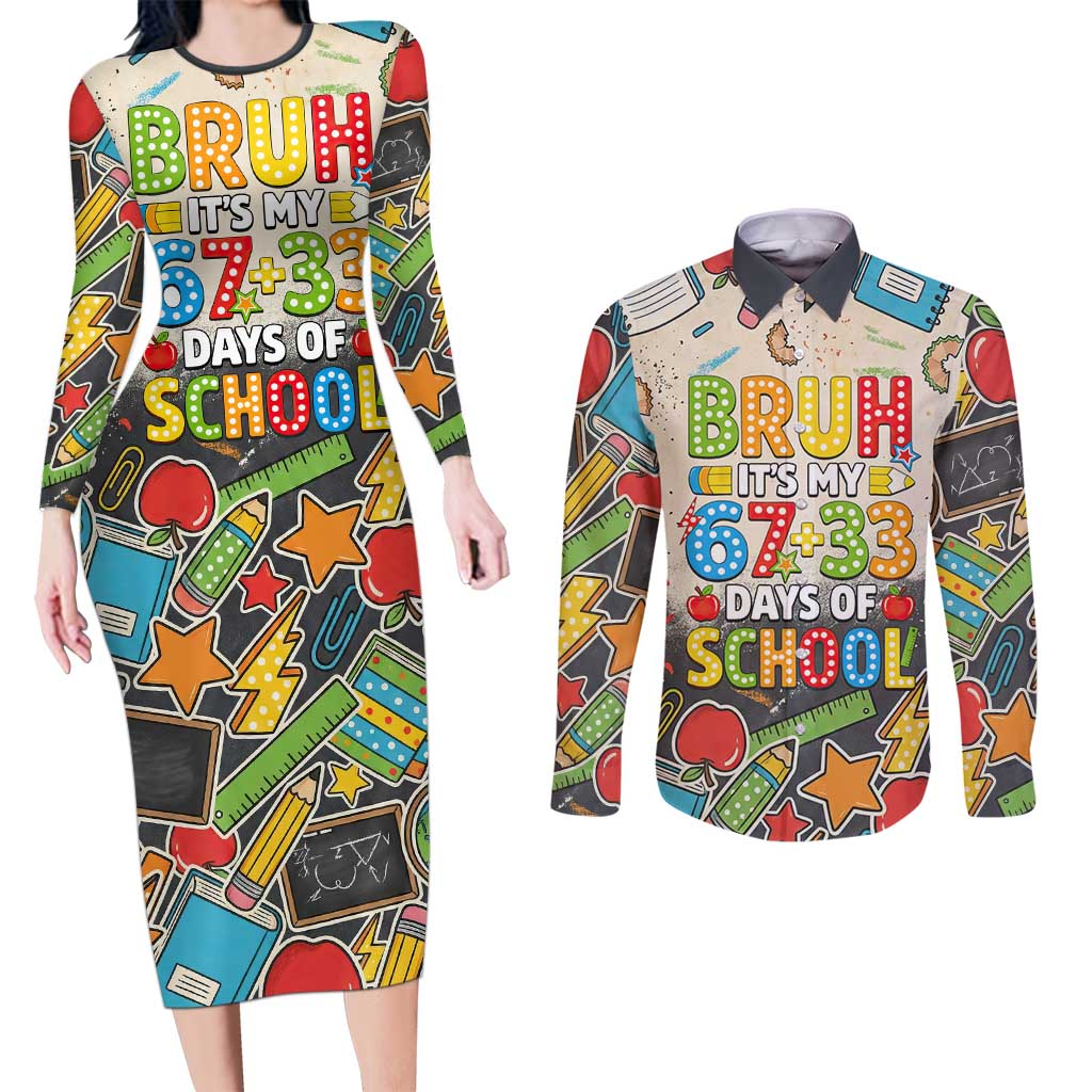 Bruh Its My 67 33 Days of School Couples Matching Long Sleeve Bodycon Dress and Long Sleeve Button Shirt Funny Boys Kids 100th Day