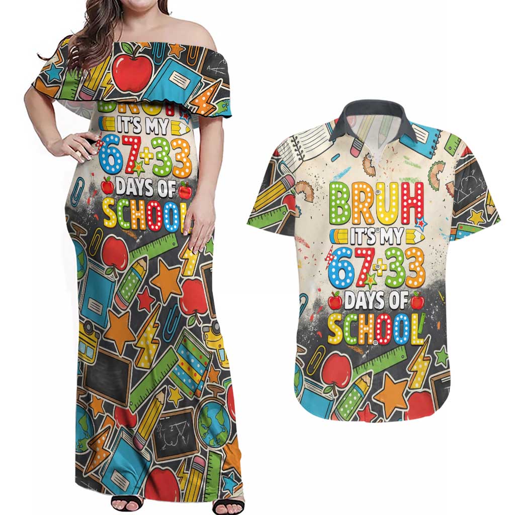 Bruh Its My 67 33 Days of School Couples Matching Off Shoulder Maxi Dress and Hawaiian Shirt Funny Boys Kids 100th Day