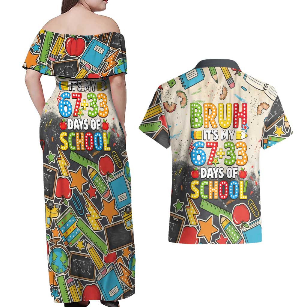 Bruh Its My 67 33 Days of School Couples Matching Off Shoulder Maxi Dress and Hawaiian Shirt Funny Boys Kids 100th Day