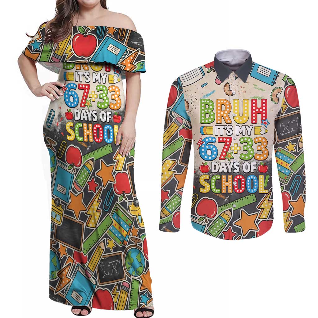 Bruh Its My 67 33 Days of School Couples Matching Off Shoulder Maxi Dress and Long Sleeve Button Shirt Funny Boys Kids 100th Day