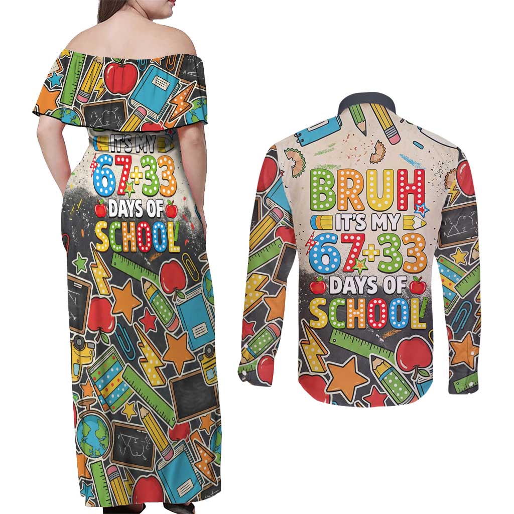 Bruh Its My 67 33 Days of School Couples Matching Off Shoulder Maxi Dress and Long Sleeve Button Shirt Funny Boys Kids 100th Day