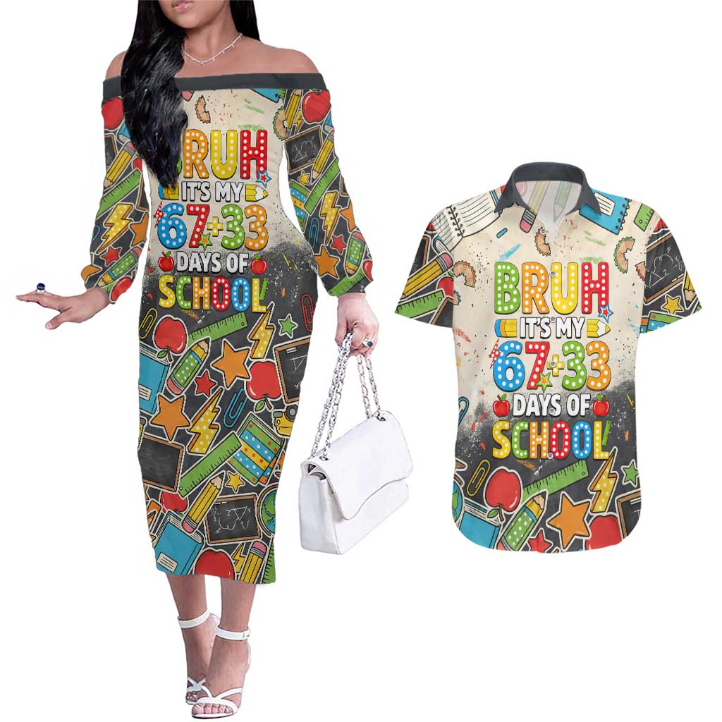 Bruh Its My 67 33 Days of School Couples Matching Off The Shoulder Long Sleeve Dress and Hawaiian Shirt Funny Boys Kids 100th Day