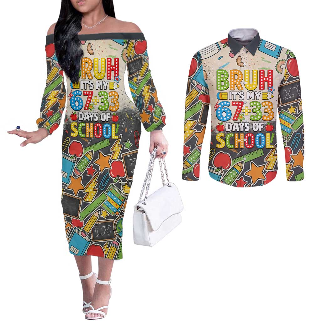 Bruh Its My 67 33 Days of School Couples Matching Off The Shoulder Long Sleeve Dress and Long Sleeve Button Shirt Funny Boys Kids 100th Day