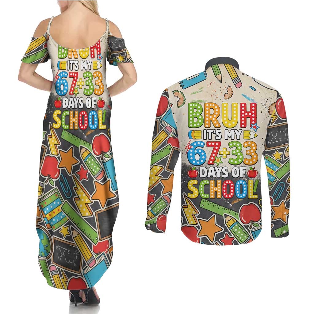Bruh Its My 67 33 Days of School Couples Matching Summer Maxi Dress and Long Sleeve Button Shirt Funny Boys Kids 100th Day
