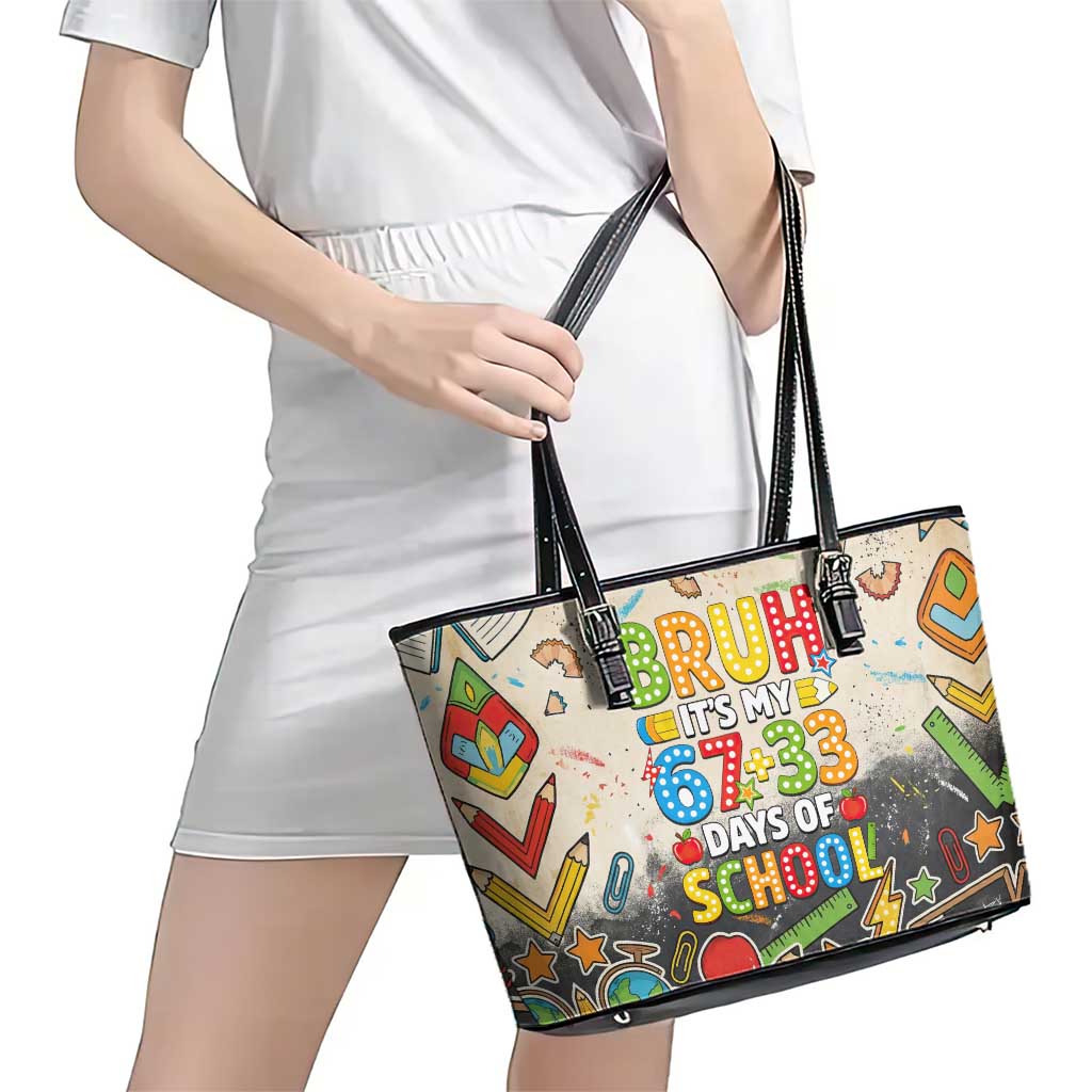 Bruh Its My 67 33 Days of School Leather Tote Bag Funny Boys Kids 100th Day