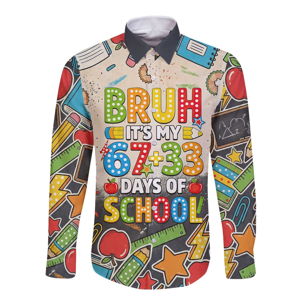 Bruh Its My 67 33 Days of School Long Sleeve Button Shirt Funny Boys Kids 100th Day
