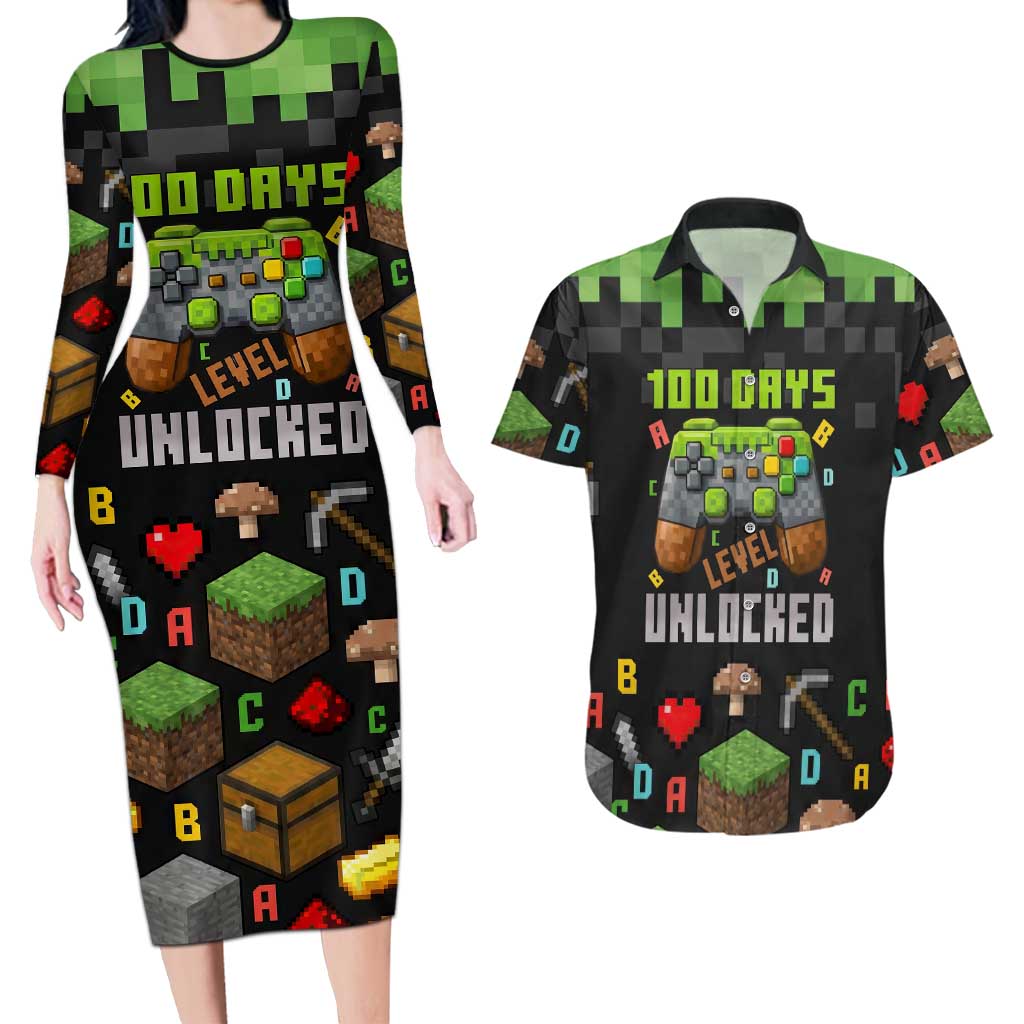 100 Days Level Unlocked Couples Matching Long Sleeve Bodycon Dress and Hawaiian Shirt Gaming 100 Days of School Boys