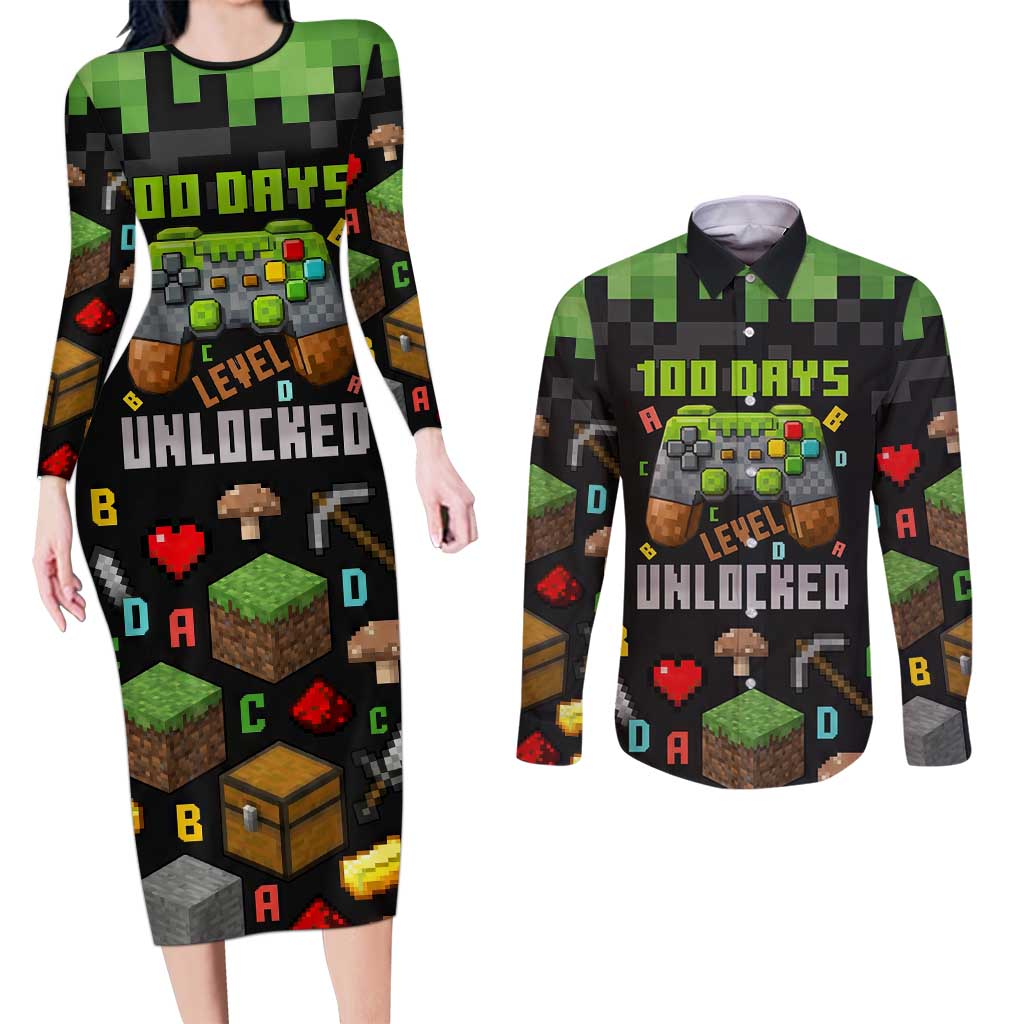 100 Days Level Unlocked Couples Matching Long Sleeve Bodycon Dress and Long Sleeve Button Shirt Gaming 100 Days of School Boys