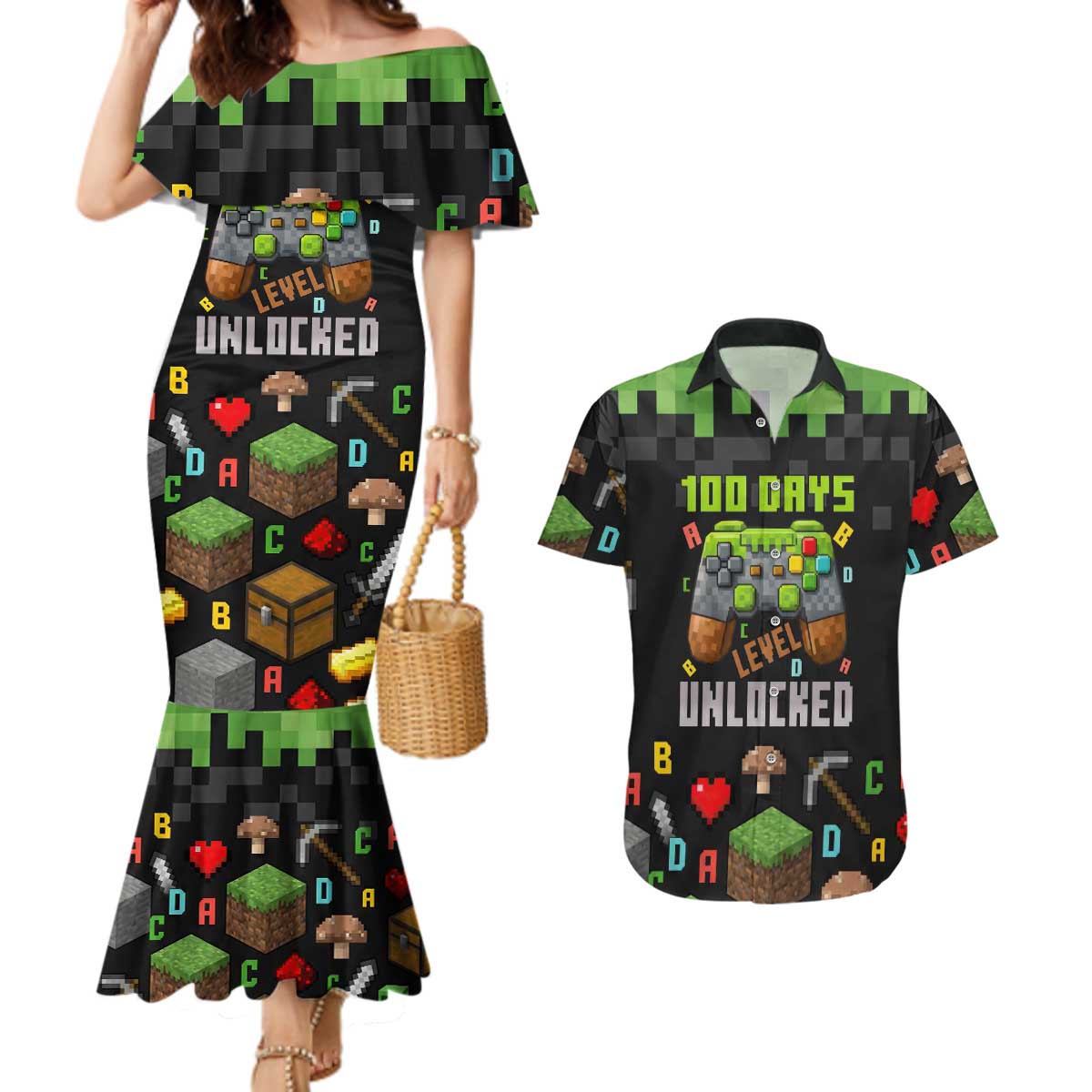 100 Days Level Unlocked Couples Matching Mermaid Dress and Hawaiian Shirt Gaming 100 Days of School Boys