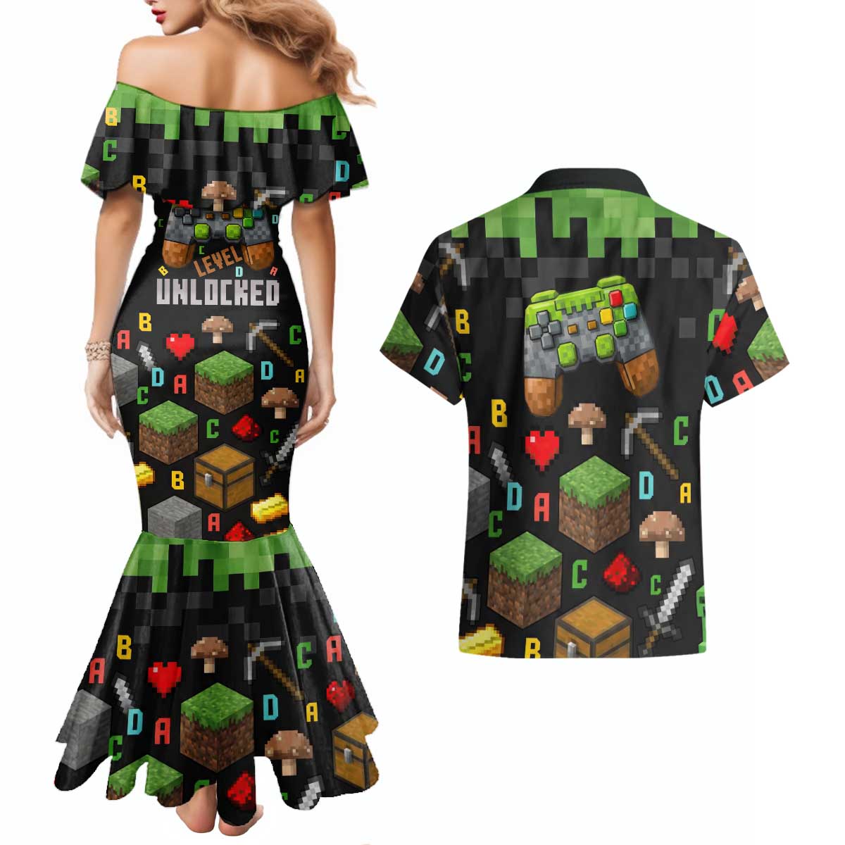 100 Days Level Unlocked Couples Matching Mermaid Dress and Hawaiian Shirt Gaming 100 Days of School Boys
