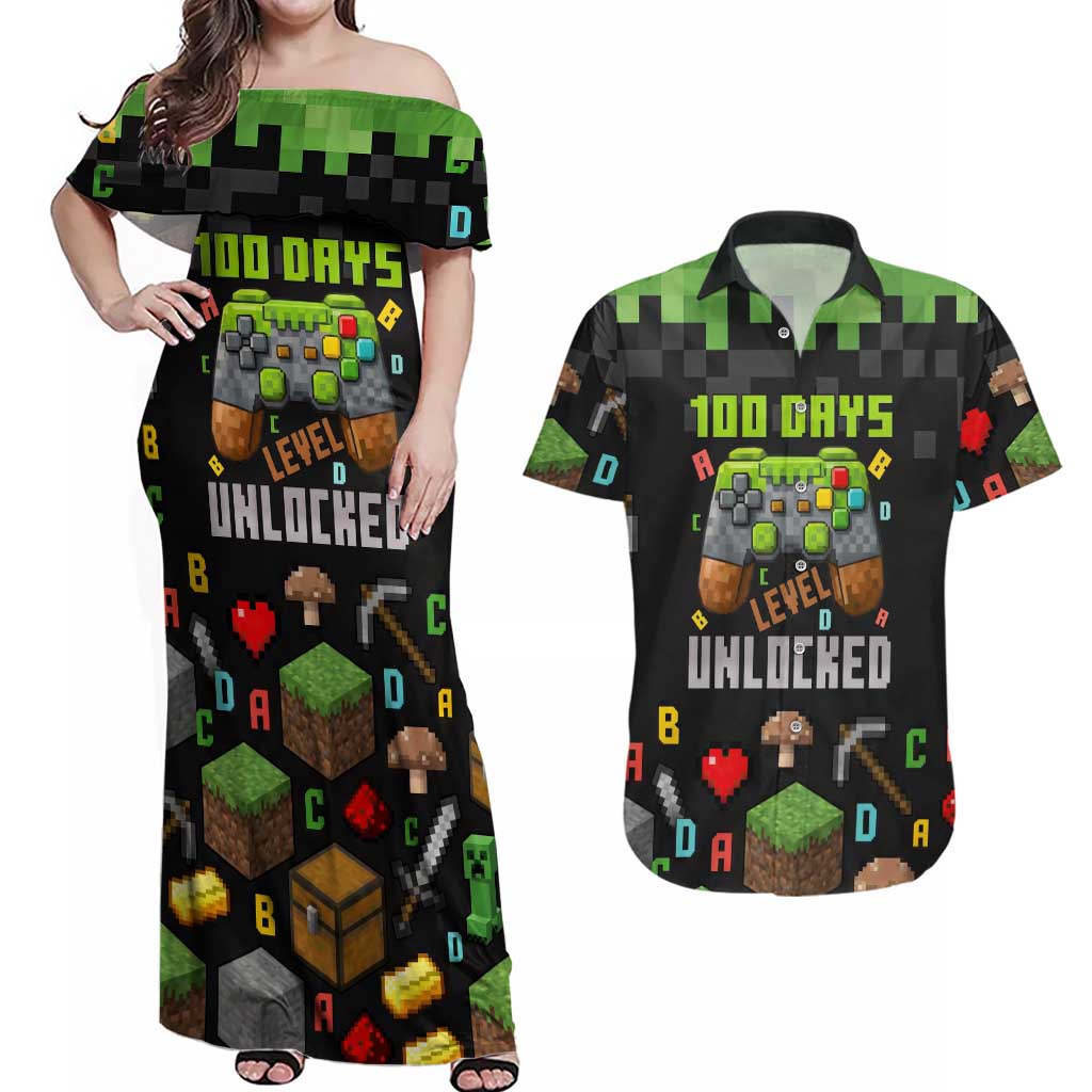 100 Days Level Unlocked Couples Matching Off Shoulder Maxi Dress and Hawaiian Shirt Gaming 100 Days of School Boys