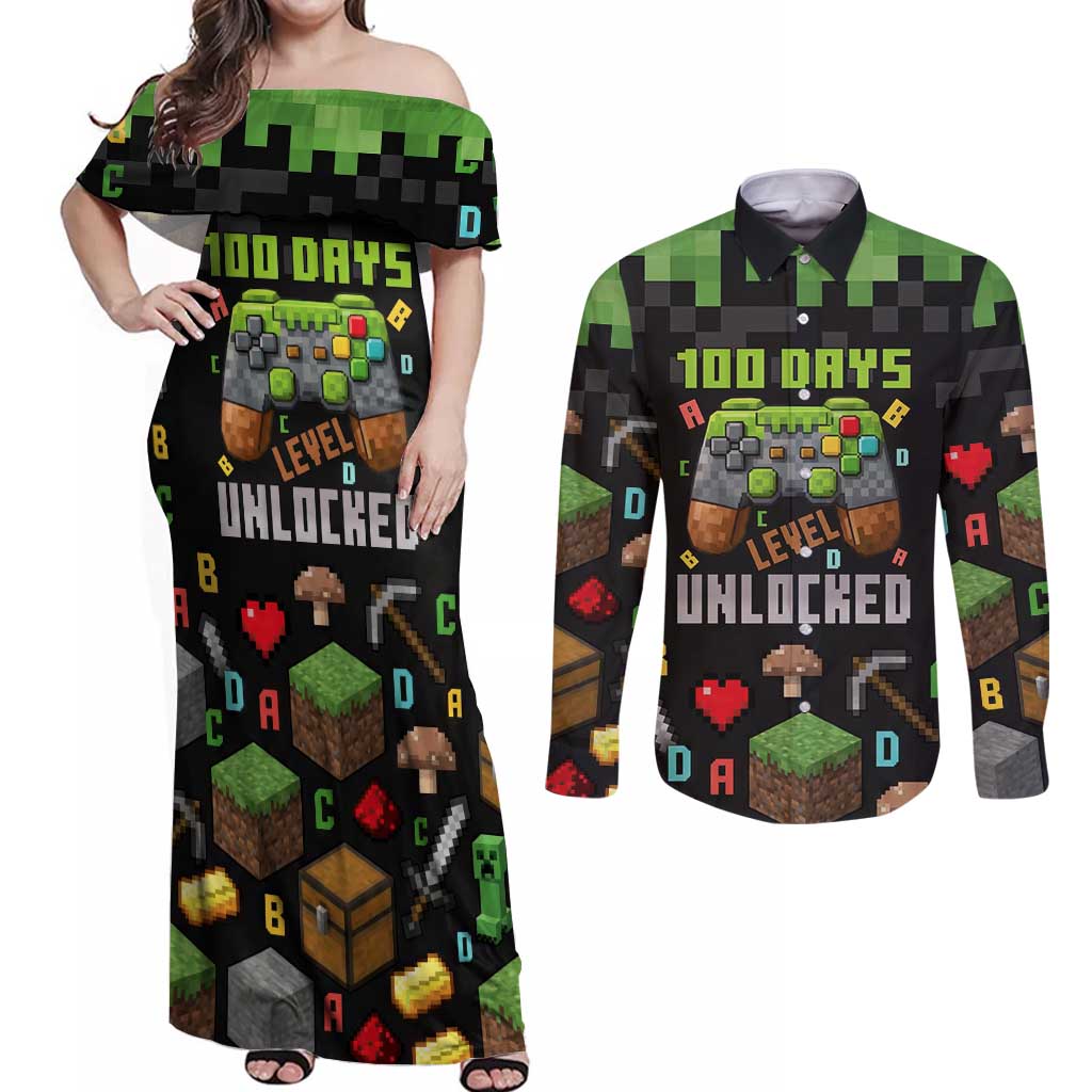 100 Days Level Unlocked Couples Matching Off Shoulder Maxi Dress and Long Sleeve Button Shirt Gaming 100 Days of School Boys
