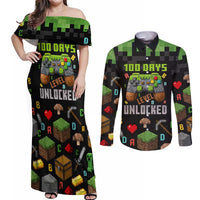 100 Days Level Unlocked Couples Matching Off Shoulder Maxi Dress and Long Sleeve Button Shirt Gaming 100 Days of School Boys