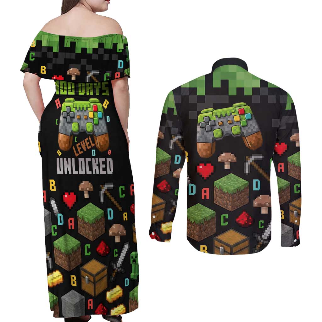 100 Days Level Unlocked Couples Matching Off Shoulder Maxi Dress and Long Sleeve Button Shirt Gaming 100 Days of School Boys