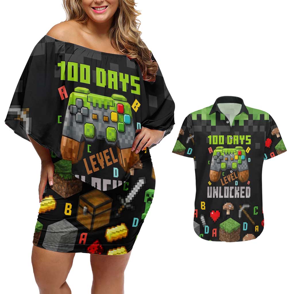 100 Days Level Unlocked Couples Matching Off Shoulder Short Dress and Hawaiian Shirt Gaming 100 Days of School Boys