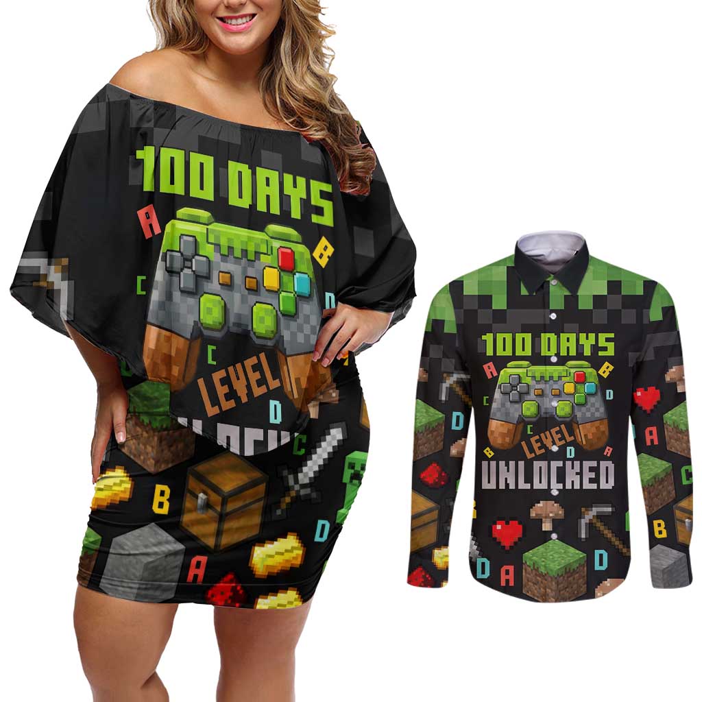 100 Days Level Unlocked Couples Matching Off Shoulder Short Dress and Long Sleeve Button Shirt Gaming 100 Days of School Boys