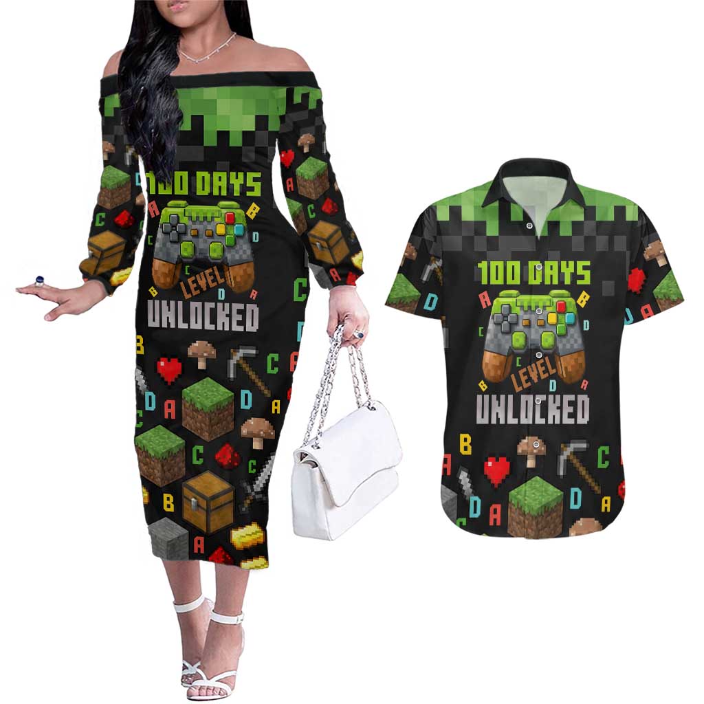 100 Days Level Unlocked Couples Matching Off The Shoulder Long Sleeve Dress and Hawaiian Shirt Gaming 100 Days of School Boys