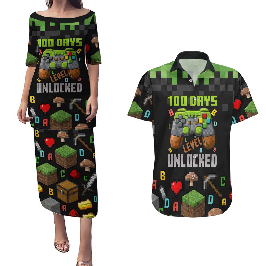 100 Days Level Unlocked Couples Matching Puletasi and Hawaiian Shirt Gaming 100 Days of School Boys