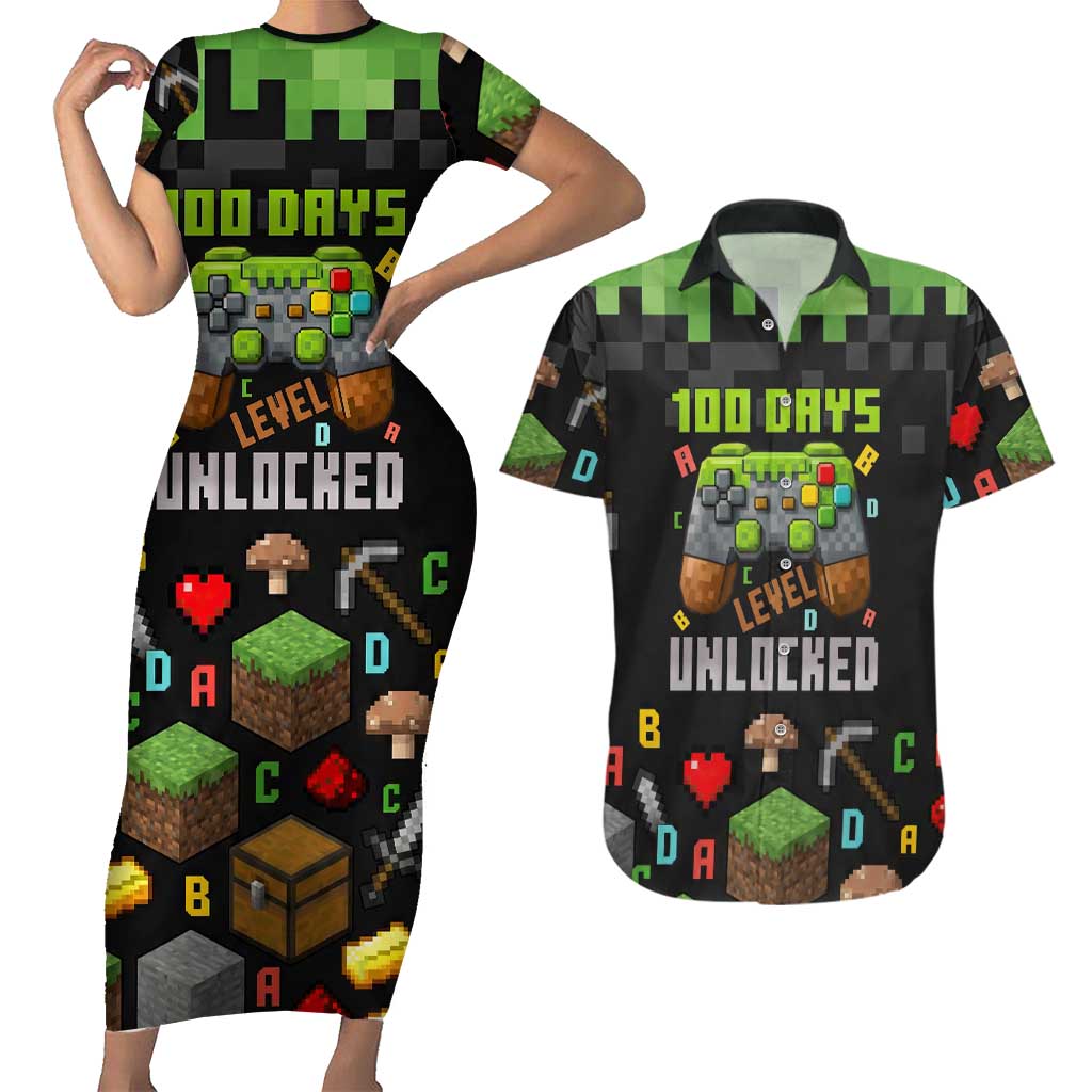 100 Days Level Unlocked Couples Matching Short Sleeve Bodycon Dress and Hawaiian Shirt Gaming 100 Days of School Boys