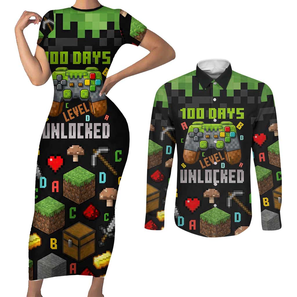 100 Days Level Unlocked Couples Matching Short Sleeve Bodycon Dress and Long Sleeve Button Shirt Gaming 100 Days of School Boys