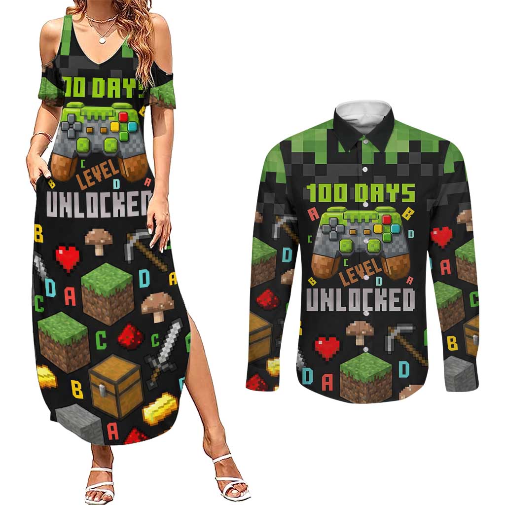 100 Days Level Unlocked Couples Matching Summer Maxi Dress and Long Sleeve Button Shirt Gaming 100 Days of School Boys