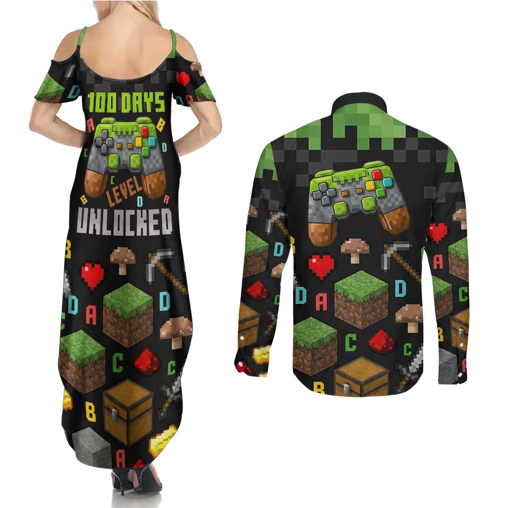 100 Days Level Unlocked Couples Matching Summer Maxi Dress and Long Sleeve Button Shirt Gaming 100 Days of School Boys