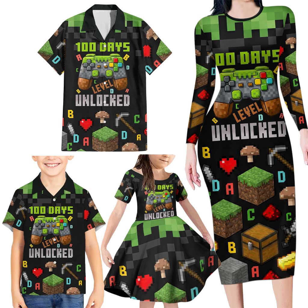 100 Days Level Unlocked Family Matching Long Sleeve Bodycon Dress and Hawaiian Shirt Gaming 100 Days of School Boys
