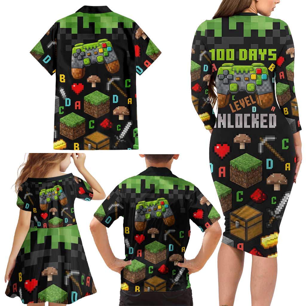 100 Days Level Unlocked Family Matching Long Sleeve Bodycon Dress and Hawaiian Shirt Gaming 100 Days of School Boys