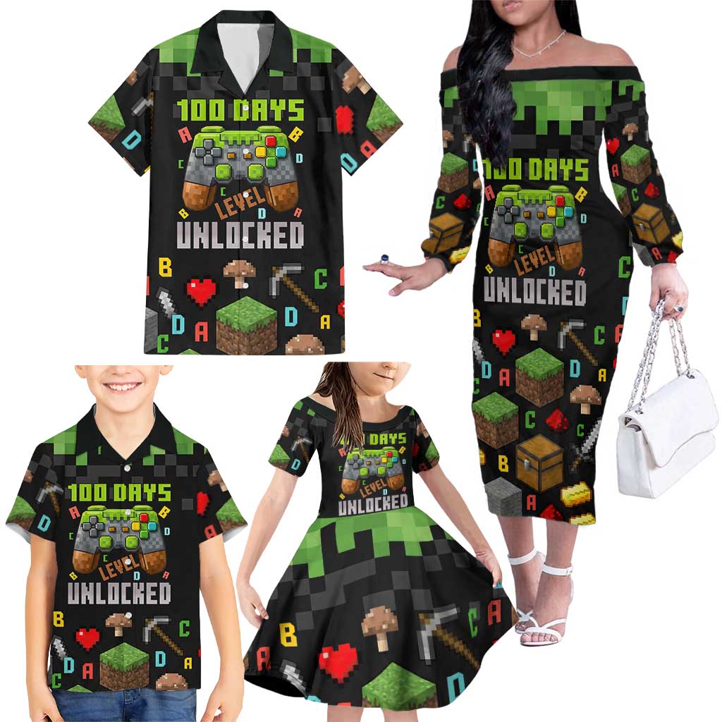 100 Days Level Unlocked Family Matching Off The Shoulder Long Sleeve Dress and Hawaiian Shirt Gaming 100 Days of School Boys