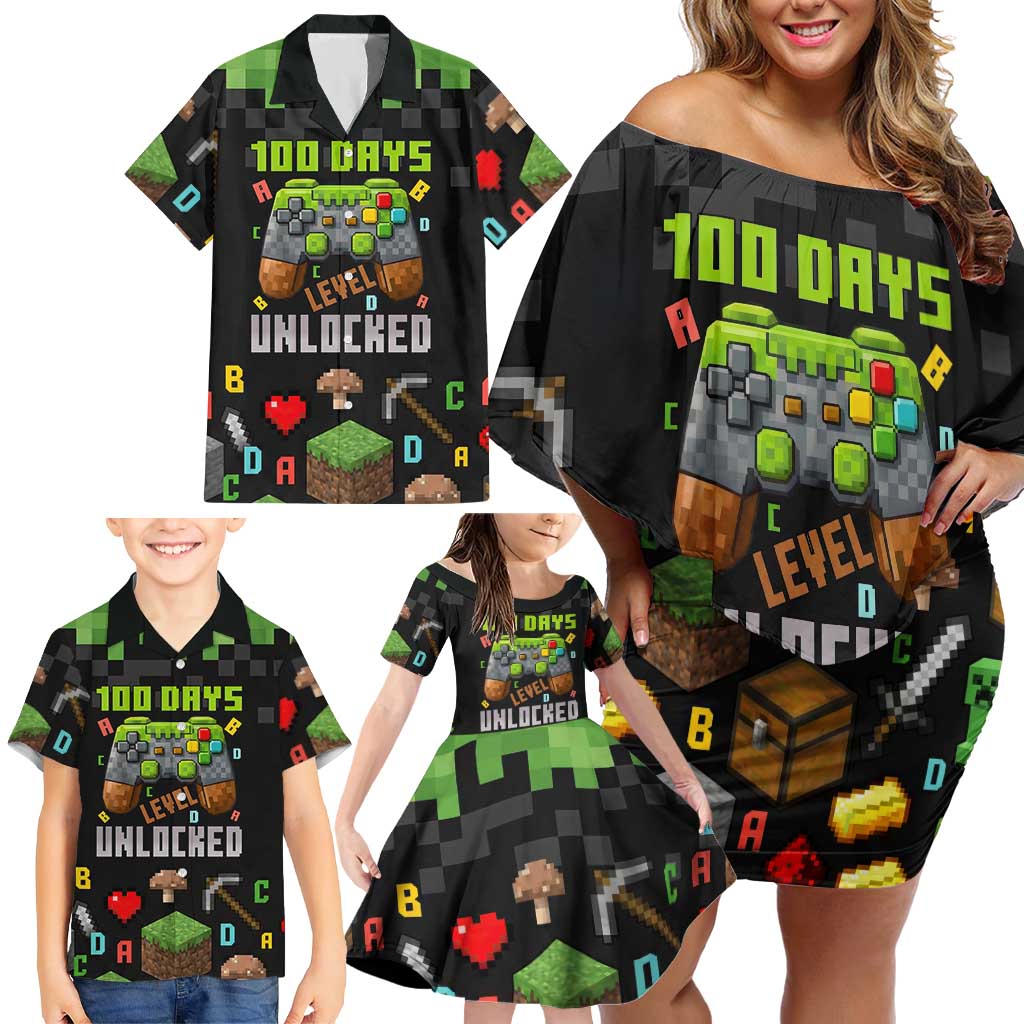 100 Days Level Unlocked Family Matching Off Shoulder Short Dress and Hawaiian Shirt Gaming 100 Days of School Boys