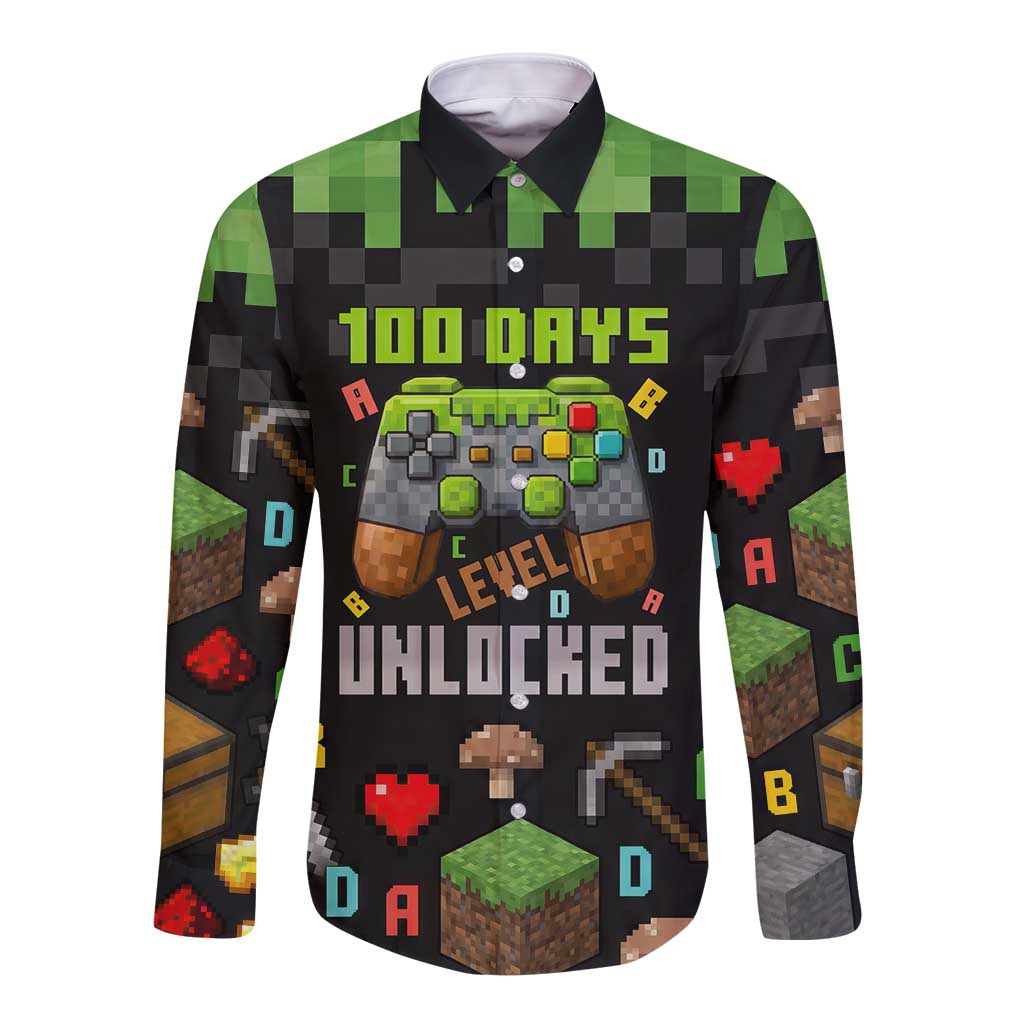 100 Days Level Unlocked Long Sleeve Button Shirt Gaming 100 Days of School Boys