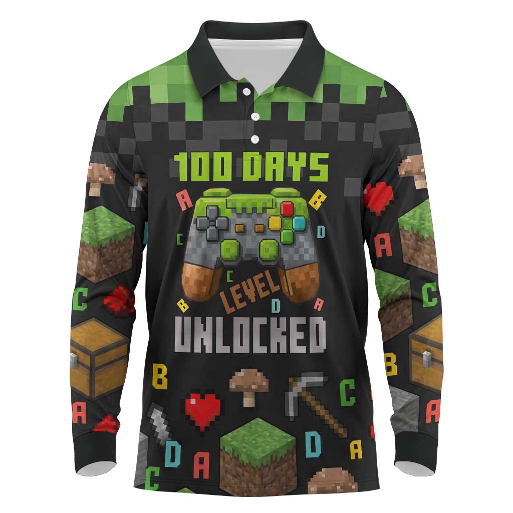 100 Days Level Unlocked Long Sleeve Polo Shirt Gaming 100 Days of School Boys