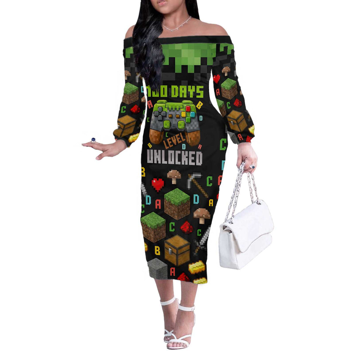 100 Days Level Unlocked Off The Shoulder Long Sleeve Dress Gaming 100 Days of School Boys